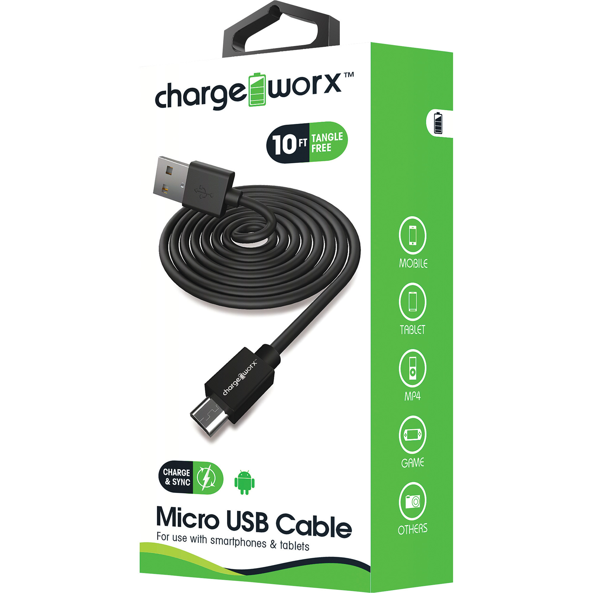 Charge Worx GoTough Mic USB Sync and Charge Cable, 10ft.L, Model# CX4605BK